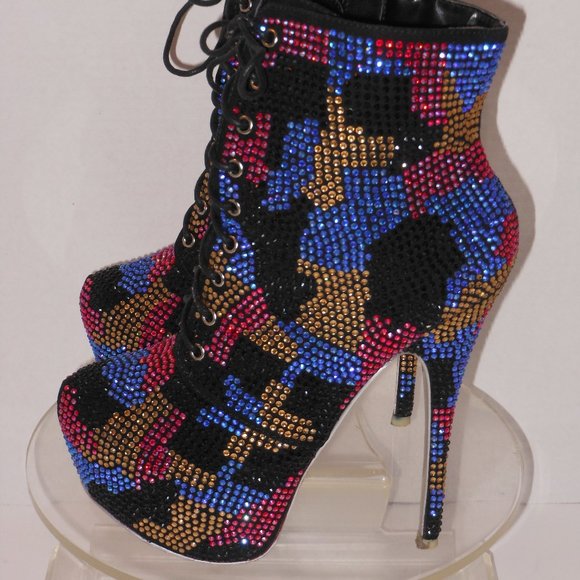 SHIEKH PLATFORM HIGH-HEEL MULTI-COLOR BEADED ANKLE BOOTS SIZE 8 MEDIUM - Picture 8 of 9